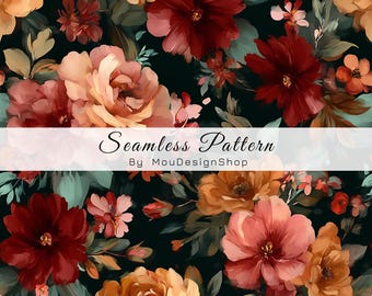 May include: A seamless pattern featuring a dark background with large, painterly flowers in shades of deep red, burnt orange, peach, and muted green. A white horizontal banner across the center displays the text Seamless Pattern By MouDesignShop.