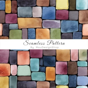 May include: A seamless pattern featuring a grid of watercolor-style rectangular blocks in various shades of blue, yellow, green, brown, and purple. A white horizontal banner across the center displays the text Seamless Pattern By MouDesignShop.