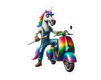 Unicorn Mechanic Stickers, Rainbow Scooter Decals, Magical Greasy Mechanic, Cute Fantasy Sticker Set, Colorful Laptop Decals, Fun