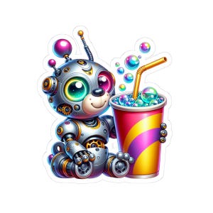 Pegatinas troqueladas de perro mecánico de dibujos animados, cachorro robot juguetón con vaso de refresco, pegatina divertida y caprichosa, calcomanía de robot de juguete adorable, enérgico