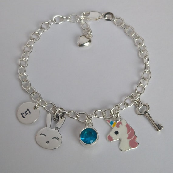 Sterling Silver charm bracelet, Initial, Bunny, Unicorn, Key, Birthstone,  Personalized Kids Bracelet, Children Jewelry, Birthday Gift