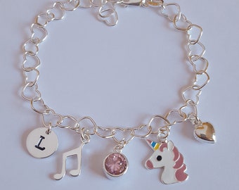 Sterling Silver charm bracelet, Initial, Music note, Unicorn, Puffy heart, Birthstone, Kids Bracelet, Children Jewelry, Birthday Gift