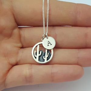 Sterling Silver Cacti Necklace, Personalized Necklace, Arizona, Initial Necklace, Daughter Gift, Mother&#39;s Gift, Birthday Gift