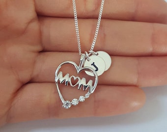 Heart Necklace, Mom Necklace, Cubic Zirconia, Sterling Silver, Valentine's Day Gift, Birthday Gift, Mother's Gift