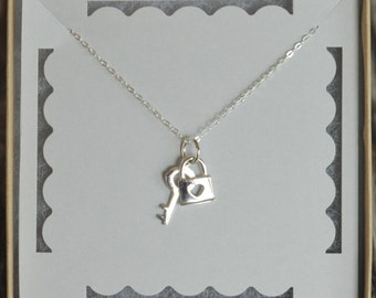 Key and Lock Necklace, Sterling Silver, Heart Lock, Birthday Gift, Children's Gift, Kids Gift, Valentine's Day gift