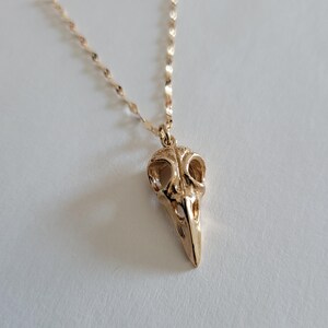 May include: A gold chain necklace with a detailed bird skull pendant.