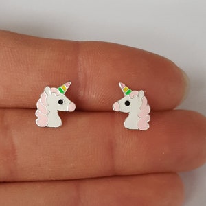 Sterling Silver Unicorn Earrings, 8x12mm, Studs Earrings, Birthday Gift, Girl Earrings, Children&#39;s Jewelry, Children Earring,Children&#39;s Gift