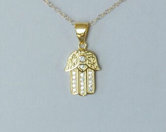 Hamsa Necklace, Cubic Zirconia, Handmade in USA, Gold Filled, Birthday Gift, Valentine's Day