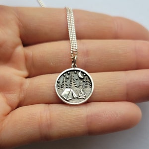 Sterling Silver Camping Necklace, Forest Necklace, Mountain Necklace, Personalized Necklace, Initial Necklace, Mother&#39;s Gift, Birthday Gift