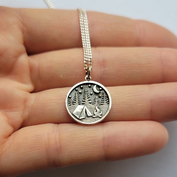 Sterling Silver Camping Necklace, Forest Necklace, Mountain Necklace, Personalized Necklace, Initial Necklace, Mother's Gift, Birthday Gift