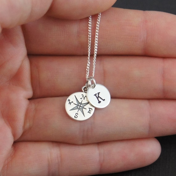 Sterling Silver Compass Necklace, Personalized Necklace, Initial