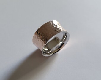 Sterling Silver Hand Hammered Ring, Two tone ring, Size 7, Rose Gold plated, 10mm wide, Handmade Jewelry, Birthday Gift, Bridesmaids Gift