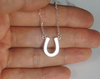 May include: A silver horseshoe pendant necklace on a silver chain.