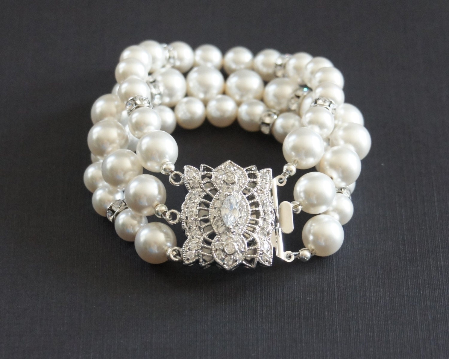 Swarovski Pearl Bracelet, Cubic Zirconia Tab Clasp, Wedding Swarovski Pearl Bracelet, Cubic Zirconia Tab Clasp, Wedding