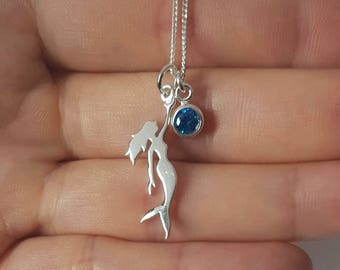 Sterling Silver Mermaid Necklace, Birthstone Necklace, Personalized Necklace, Birthday Gift, Kids Jewelry, Kids Necklace, Shipping from USA