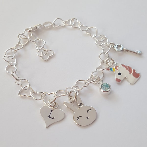 Bracelet à breloques en argent sterling, initiale, lapin, licorne, clé, pierre de naissance, bracelet enfant personnalisé, bijoux enfants, cadeau d'anniversaire