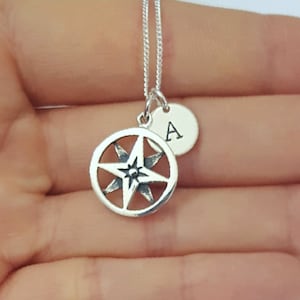 Sterling Silver Compass Necklace, Personalized Necklace, Initial Necklace, Traveler&#39;s Gift, Daughter Gift, Mother&#39;s Gift, Birthday Gift