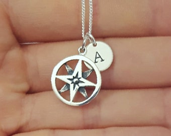 Sterling Silver Compass Necklace, Personalized Necklace, Initial Necklace, Traveler's Gift, Daughter Gift, Mother's Gift, Birthday Gift