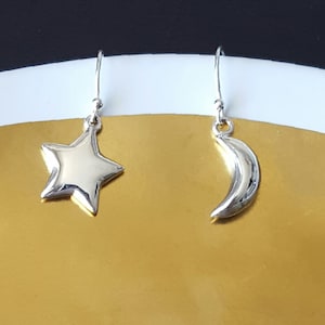 Star and Moon Earrings, Sterling Silver, Puffy Star, Puffy Moon, Kids Jewelry, Birthday Gift, Gift for Her, Girl Gift