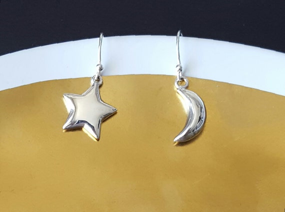 Star and Moon Earrings, Sterling Silver, Puffy Star, Puffy Moon