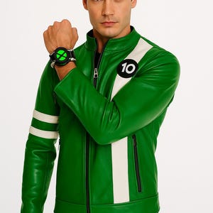 May include: Green leather jacket with white stripes and the number 10. The jacket has a black zipper and a black and green watch. The jacket is a cosplay item.