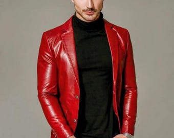Red Leather Blazer for Men | Handmade Slim Fit Party Jacket