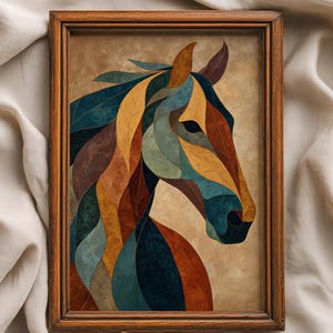 以下が含まれることがあります： 茶色、青、金色の葉のような形で構成された馬の頭部を描いた額入りのアートワーク。 アートワークはベージュの背景に配置され、暗い木製のフレームに収められており、素朴な美しさを生み出しています。