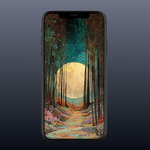 May include: A smartphone displays a digital art image of a moonlit forest scene. Tall, slender trees frame a path leading to a large, glowing moon. The path is lined with colorful flowers, and the sky is a deep teal.