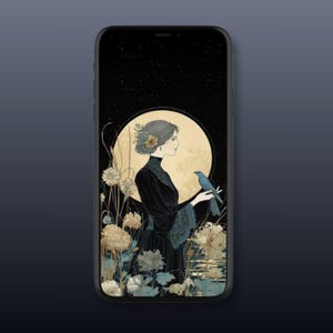 以下が含まれることがあります： スマートフォンに表示されたデジタルアート。女性が青い鳥を手に持ち、満月、花、星空を背景にしたイラストです。黒、金、青を基調とした色使いです。