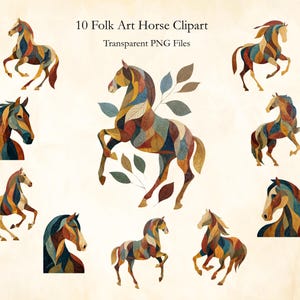 以下が含まれることがあります： 10点のフォークアートの馬のクリップアート画像。馬は様々なポーズで描かれており、秋色のカラフルなパッチワークデザインが施されています。「10 Folk Art Horse Clipart」と「Transparent PNG Files」の文字が表示されています。