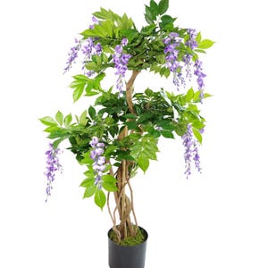 May include: Artificial wisteria tree with cascading purple flowers and green leaves. The tree has a brown trunk and branches, and is potted in a black container. The wisteria is a popular decorative plant.