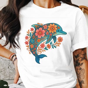 Floral Dolphin T-Shirts, Botanical Sea Life, Ocean Lover Gift, Cute Dolphin Art, Flower T-Shirts, Unique Dolphin Tee