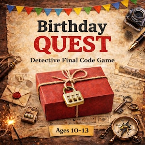 May include: A red gift box secured with a combination lock, part of a "Birthday QUEST" detective game. The game includes a compass, keys, and an envelope with a wax seal. The game is for ages 10-13.