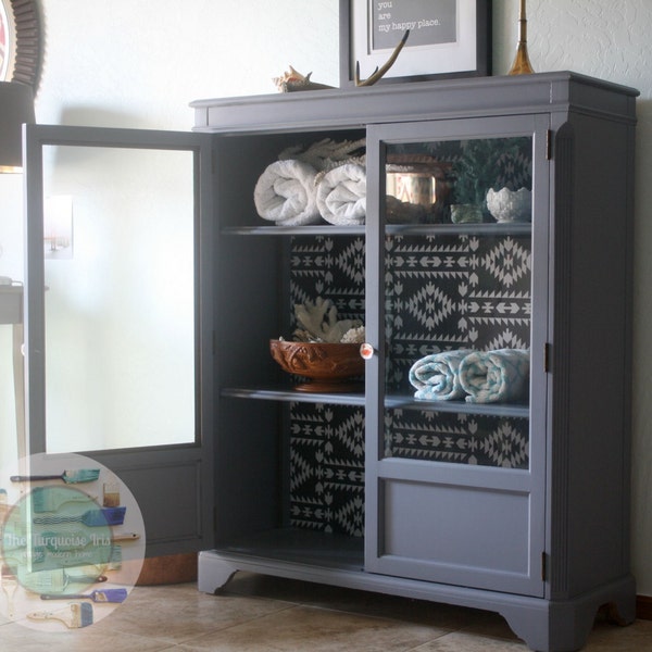 Gray Mid Century Cabinet with Tribal Accents