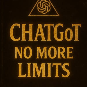 Puede incluir: Fondo oscuro con texto dorado que dice "CHATGOT NO MORE LIMITS". Encima del texto hay un triángulo dorado con un símbolo estilizado. El diseño tiene un aspecto vintage y texturizado.