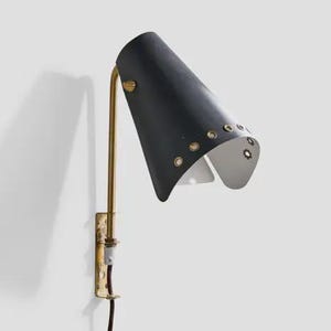 1920s Mid Century Modern Black Cone Wall Sconce – Adjustable Brass Arm Plug-In Lamp with Grommet Detail | Vintage Industrial Light Fixture