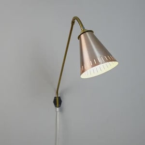 1920s Brass Wall Sconce with Perforated Cone Shade – Mid Century Modern Adjustable Plug-in Wall Lamp – Rose Gold Metal Reading Lamp