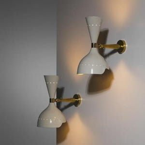 1920s Italian Mid Century Modern White Diabolo Wall Sconce | Brass Adjustable Arm Cone Light | adjustable Arms  Stilnovo Style Wall Lamp