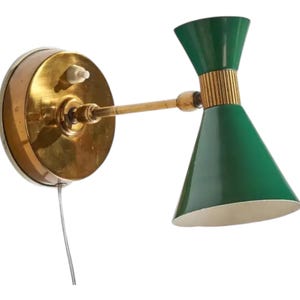1920s Century Italian Green Mid Century Modern Brass Wall Sconce Light | Italian Stilnovo Diabolo Shade Lamp | Adjustable Cone Wall Fixture