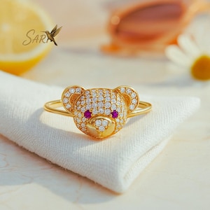 Cute Teddy Bear Ring in 14K Gold – Diamond and Ruby Eyes | Dainty Animal Ring | Gift for Her | Kawaii Jewelry