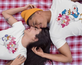 Chemises pour couple Donald Daisy, t-shirts assortis Disney pour la Saint-Valentin, cadeau d'anniversaire, t-shirt amour ballon coeur Mickey, tenues pour couple Disney mignons