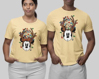 Christmas Mickey and Minnie Matching Couple T Shirts Holiday Lights Reindeer Antler Design Cute Disney Inspired Gift for Christmas