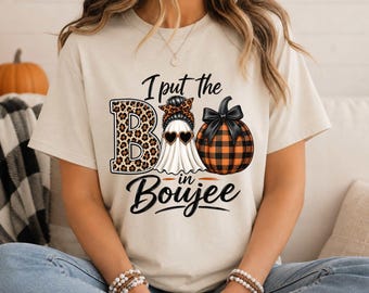 Camiseta "I Put the Boo in Boujee", divertida camiseta de fantasma de Halloween, camiseta de leopardo con estampado de fantasmas, top gráfico de moda para otoño, ropa femenina espeluznante y linda
