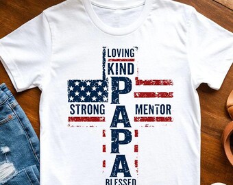 Camiseta cristiana para papá, camiseta con la bandera estadounidense y la cruz, regalo religioso para el Día del Padre, camiseta patriótica para papá, camiseta para hombre "Bendecido Proveedor Fiel"