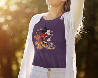 Mickey Mouse Fall T Shirt Cute Autumn Leaves Bicycle Ride Design Unisex Cartoon Tee for Kids Friends or Cozy Season Outfit Lovers