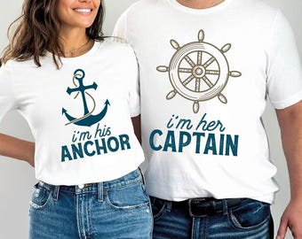 T-shirts assortis pour couple, chemises nautiques Je suis son capitaine, je suis son ancre, joli cadeau d'anniversaire de voile, thème marin personnalisé mari femme