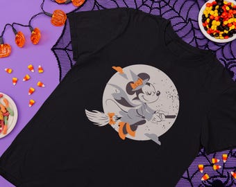 Vintage Halloween Witch Shirt | Cartoon Mouse Flying Broom Tee & Sweatshirt | Spooky Cute Retro Style Top