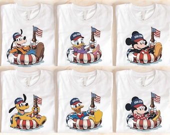 Disney 4th of July Shirts, Mickey Minnie Goofy Donald Daisy Pluto Semiquincentennial Tee, USA 250 Birthday, Retro American Flag Beer Tops