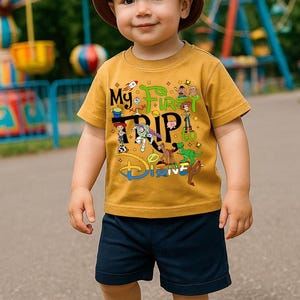 May include: A young child wearing a mustard yellow t-shirt and navy blue shorts. The t-shirt features the text "My First Trip to Disney" with cartoon characters. The child is also wearing a brown bucket hat.