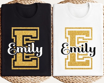 Custom Name Shirt, Custom Varsity Initial Shirt, Personalized Glitter Initial TShirt, Custom Family Vacation Tee, Collegiate Team Tee Shirt